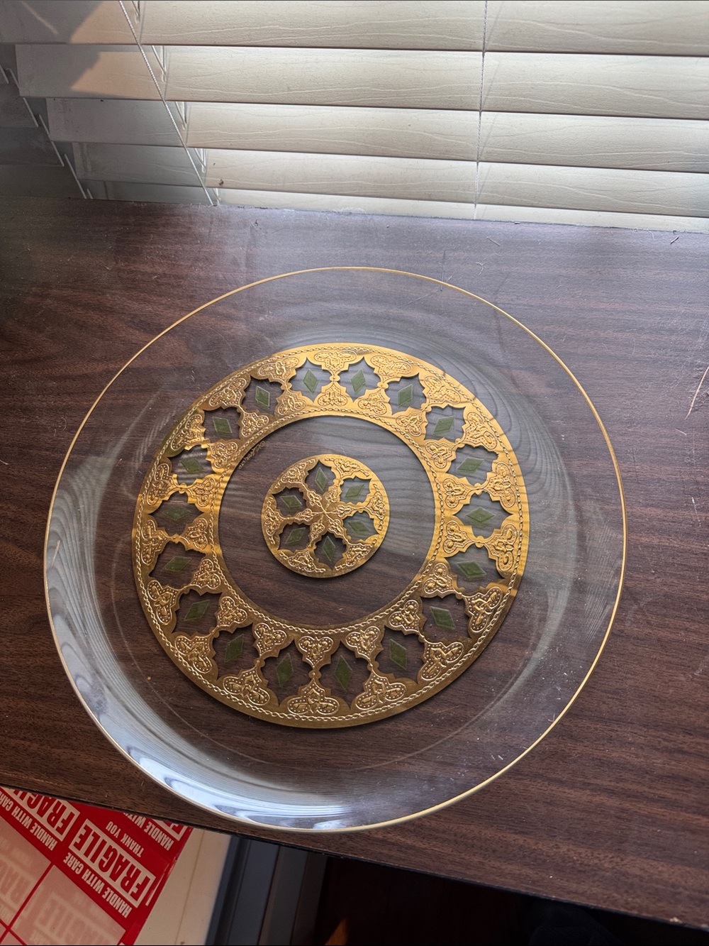 Glass Charger Plate with Ornate Gold Filigree Accent